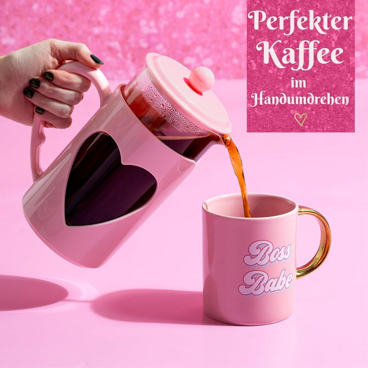 Paris Hilton - Presă franceză în formă de inimă 1 litru - Presă de cafea din sticlă și plastic cu filtru din oțel inoxidabil, mâner cool-touch, fără picurare, rezistent la temperatură, roșu sau roz