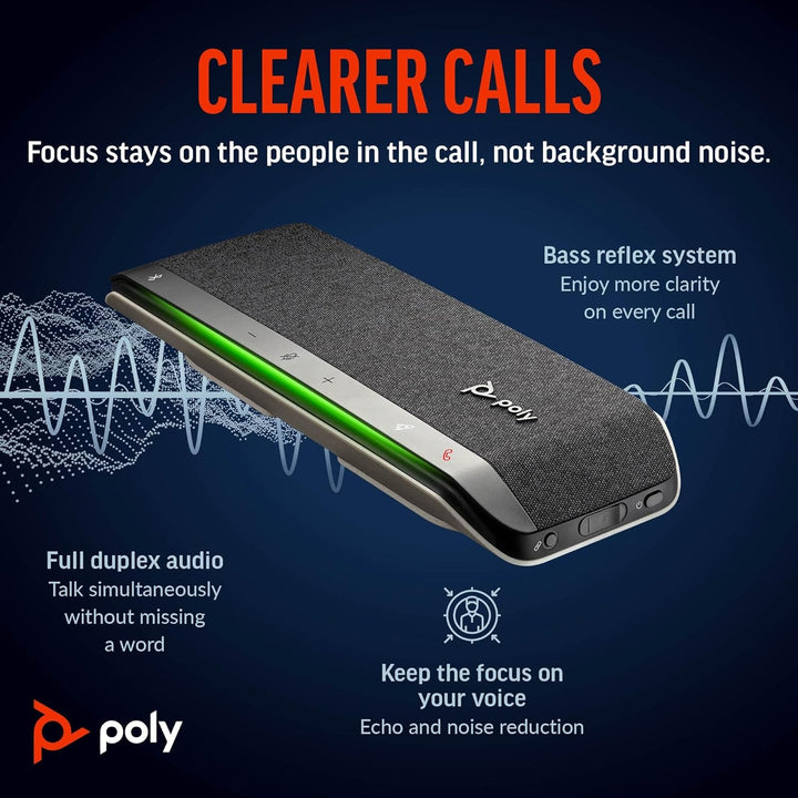 Boxă de conferință inteligentă Poly Sync 40 - Spații de lucru flexibile - Conectare la PC/Mac prin USB-A sau USB-C sau la smartphone prin Bluetooth - Compatibilă cu Teams, Zoom