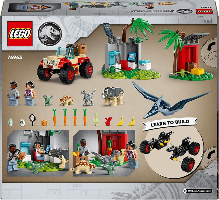 LEGO Jurassic World Rescue Centre for Baby Dinosaurs, set cu figurine mici de dinozauri, inclusiv Triceratops, Ankylosaurus și Velociraptor, cadou de construcție pentru băieți și fete de la 4 ani 76963