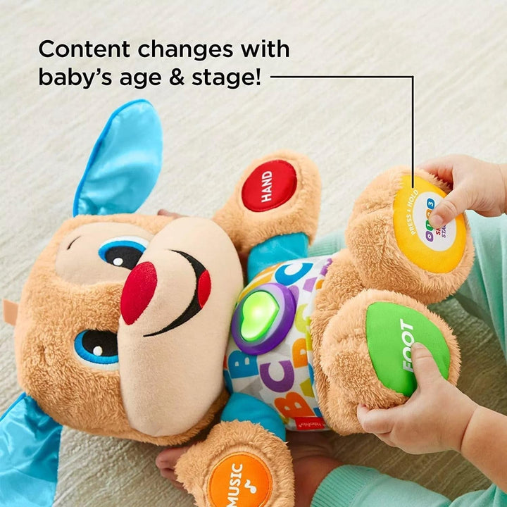 Câine distractiv de învățare Fisher-Price cu trei niveluri | jucărie de pluș vorbitoare cu muzică ca jucărie pentru copii și jucărie pentru bebeluși | ursuleț de pluș interactiv, versiune: UK-English , FPM43 Jucarii Bebe Naty Shop