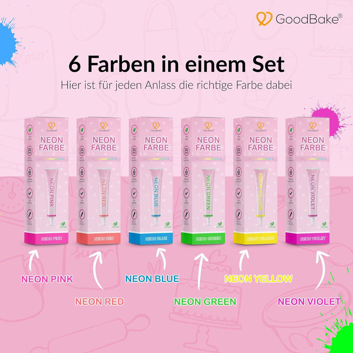 Goodbake Neonlebensmittelfarben 6 Farben Set – Intensive Lebensmittelfarbe – Lebensmittelfarbpaste – Zum Einfärben Von Torten, Fondant, Buttercreme Uvm. – 100% Vegan