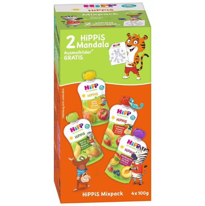 Hipp Hippis Mixpack, 4 arome diferite, 100% fructe organice fără zahăr adăugat, 4 X 4 pungi la 100 grame