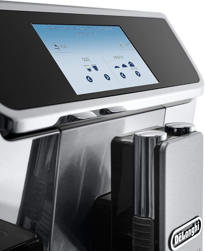 Aparat de cafea complet automat De'Longhi Primadonna Elite Experience ECAM 656.85.MS Cu sistem de lapte Lattecrema, cappuccino, ecran color de 4,3 inchi, control prin aplicație, funcție de ciocolată de băut, față din oțel inoxidabil, argintiu