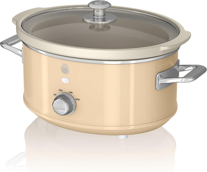 Swan Retro SF17021GRNEU Slow Cooker 3,5L Abnehmbarer Kochbehälter, PFOA- Und Ptfe-Freier Keramischer Antihaft-Behälter, 3 Temperaturstufen, Glasdeckel, Vintage-Design, Grau, 200W