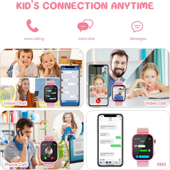Smartwatch 4G pentru copii, smartwatch pentru copii cu GPS și telefon, ceas de mână pentru copii băiat fată, cu apel telefonic video, mesaje, mod școală, funcție SOS, cameră și pedometru (roz)