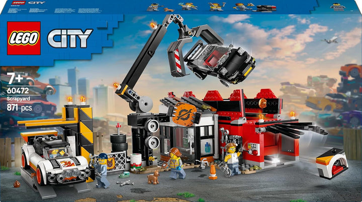 Depozit de fier vechi LEGO City cu mașini - jucărie cu presă de fier vechi și macara, 2 mașini de jucărie, 4 minifigurine muncitoare și clădire de birouri - cadouri aniversare pentru băieți și fete de la 8 ani 60472