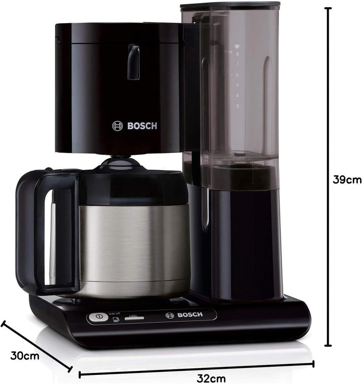 Bosch filtru de cafea Styline TKA8A053, senzor de aromă, cană termo din oțel inoxidabil 1,1 L, pentru 8-12 cești, oprire automată, sistem de detartrare, opritor de picurare, rezervor de apă detașabil (1 L), 1100 W, negru