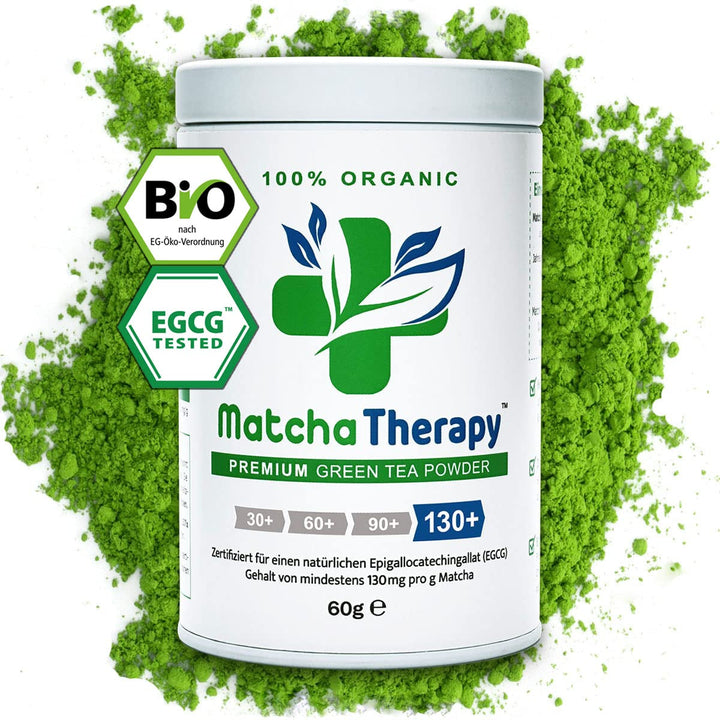 Matchatherapy 30+ | Ceai Matcha organic pudră | 60 g | Cu un conținut verificat de cel puțin 30 mg/g de catechină EGCG | Susține sistemul imunitar și nivelul de energie | Calitate ceremonială | Ceai verde din Japonia