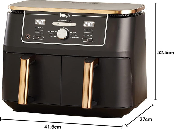 Ninja Foodi MAX Dual Zone Heißluftfritteuse, 9,5L Airfryer, 2 Fächer, Mit Zange, Antihaftbeschichtung, Spülmaschinenfeste Körbe, 6-In-1, Amazon Exklusiv, Kupfer/Schwarz, AF400EUCP