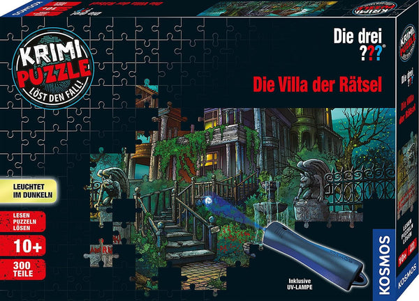The Three ??? - Crime Puzzle - The Villa of the Puzzles By KOSMOS 697976, 300 piese, Strălucește în întuneric, Cu lampă UV, Citire, Puzzle, Rezolvarea puzzle-urilor, Puzzle detectiv De la 10 ani