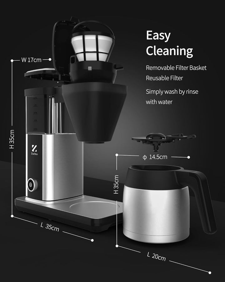 Cafetieră cu filtru Cu termos de 1,25L, preparare rapidă 4,5 min., control al temperaturii 92°C Pid, oprire picurare 30S, filtru reutilizabil, curățare automată, fără Bpa, design din oțel inoxidabil