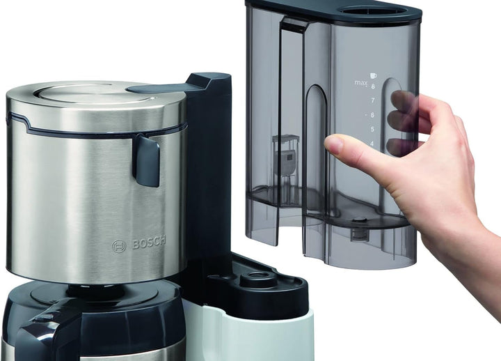 Bosch filtru de cafea Styline TKA8A681, senzor de aromă, cană termo din oțel inoxidabil 1,1 L, pentru 8-12 cești, oprire automată, sistem de detartrare, opritor de picurare, rezervor de apă detașabil (1 L), 1100 W, alb