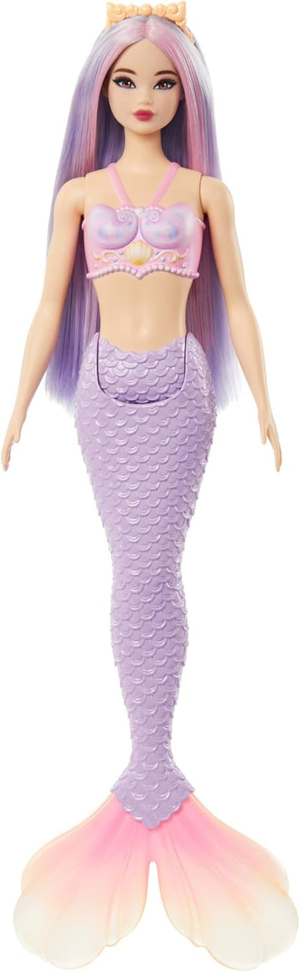Păpușă sirenă Barbie cu păr fantezie în roz și lila cu bentiță, păpușă cu partea de sus din scoică și aripioară din coadă albastru lavanda, HRR06