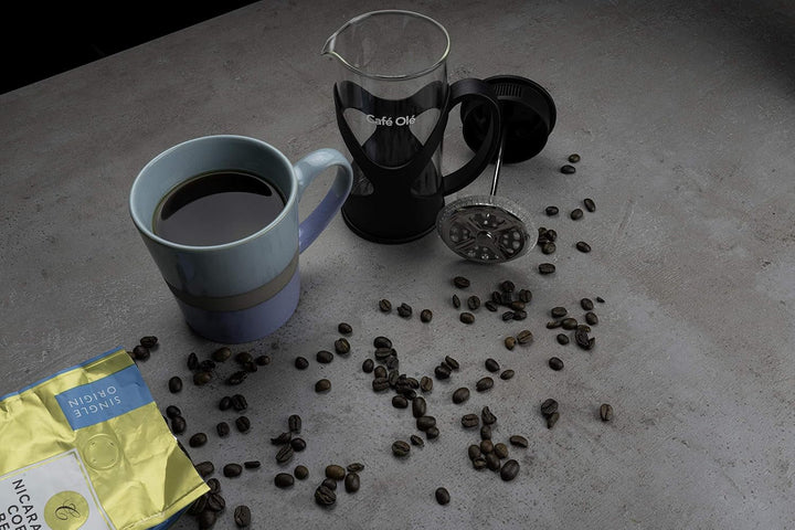 Cafetiera Café Olé XMP-03F Presă de cafea din plastic și sticlă - negru, Tamper din oțel inoxidabil, 350ML, potrivit pentru 3 cești Demitasse, 350 mililitri