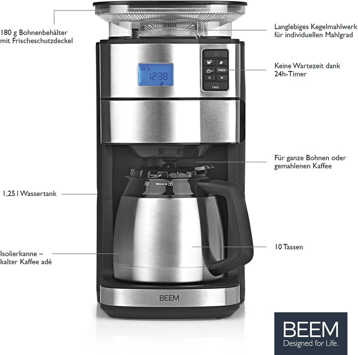 BEEM FRESH-AROMA-PERFECT II Cafetieră cu filtru și râșniță - Termo | Oțel inoxidabil | Ulcior termo | Cronometru 24 ore | 1000 W | Recipient pentru boabe 180 G