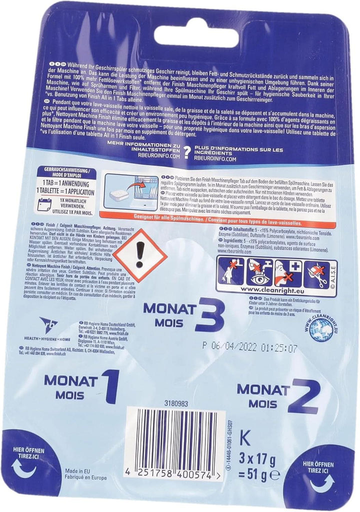 Finish Machine Cleaner Tabs - Pastile pentru mașina de spălat vase împotriva murdăriei și grăsimii din interiorul mașinii de spălat vase, 3 pastile