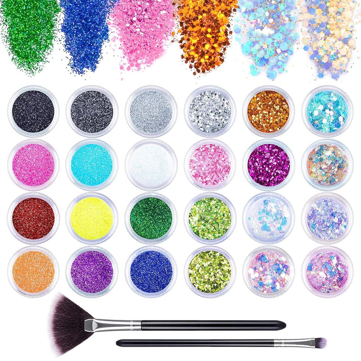 24 Farben Glitzer Set Mit Blattgold Und Glitzerpulver, Nageldesign Zubehör Pailletten Basteln Nail Art Glitter Mit Pinsel Für Nägel Gesicht Körper DIY Nagelkunst Make Up