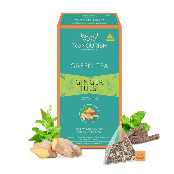 Teanourish Ghimbir Tulsi Ceai verde | 20 pliculețe de ceai piramidale | Darjeeling frunze întregi | Superalimente indiene Ghimbir, Tulsi &amp; Lemn dulce | Ameliorează stresul și favorizează digestia