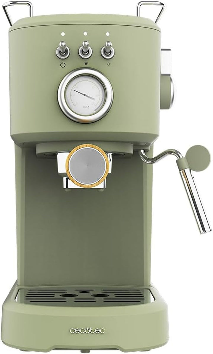Espressoare Cecotec Compact Power Espresso 20 Retro Green 1100 W, 20 bar, sistem termoblock, abur pivotant, braț pentru filtru cu ieșire dublă și 2 filtre, 1,25 litri
