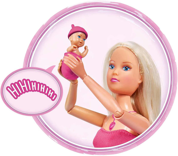 Simba 105733480 - Steffi Love Baby Backpack, păpușă gravidă cu bebeluș și sunete grozave, accesorii pentru bebeluși și suport pentru bebeluși, roz