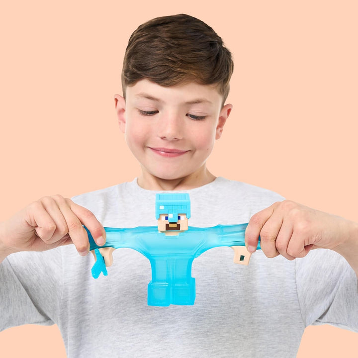 Heroes of Goo Jit Zu - figură Minecraft extensibilă - Steve cu armură și sabie de diamant, umplutură Goo super elastică cu element de diamant ascuns în interior, extensibilă până la trei ori dimensiunea