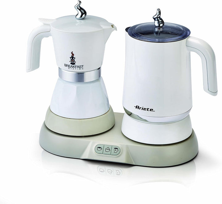 Ariete 1344 Stație de mic dejun, 3 produse în 1: spumă de lapte Moka - caldă și rece, 500W, 4/2 cești, menține cafeaua caldă, 5 funcții, alb