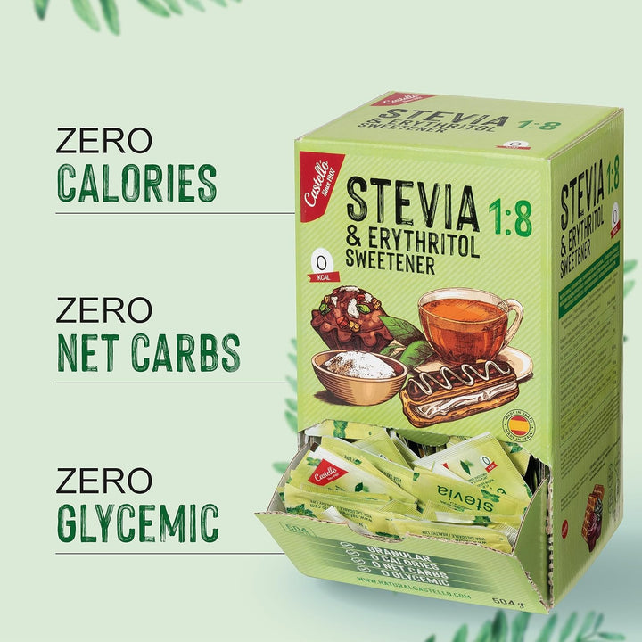 Stevia + Erythrit 1:8 Süßstoff | 504 Beutel Mit 1 G | 100% Natürlicher Zuckerersatz - 0 Kalorien - 0 Glykämischer Index - Keto Und Paleo - 0 Kohlenhydrate - Kein GVO - Castello since 1907 - 504 G