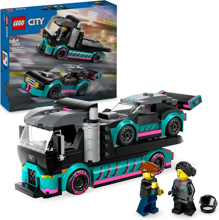 LEGO City Car Transporter cu mașină de curse, camion jucărie cu rampă de încărcare reglabilă și mașină de curse, set de construcție cu 2 minifigurine, șofer de curse și șofer de camion, copii de peste 6 ani 60406