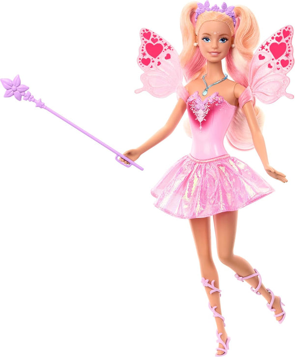 Mattel Barbie Doll Fairy cu baghetă de jucărie și accesorii de modă, temă fantastică cu aripi și ținută care își schimbă culoarea, JCP76, [Multicolor]