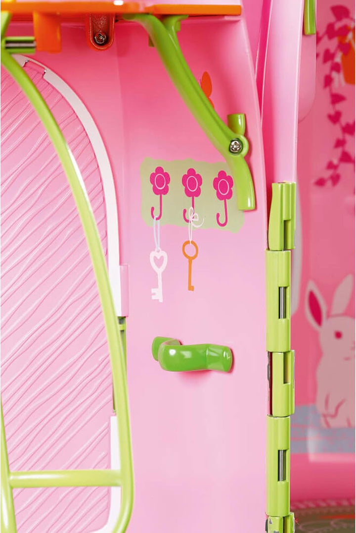 BABY Born Storybook Cottage, Casă de păpuși pliabilă pentru păpuși de 18 cm cu masă, șemineu, șezlong și telescop, roz verde, 833803 Zapf Creation