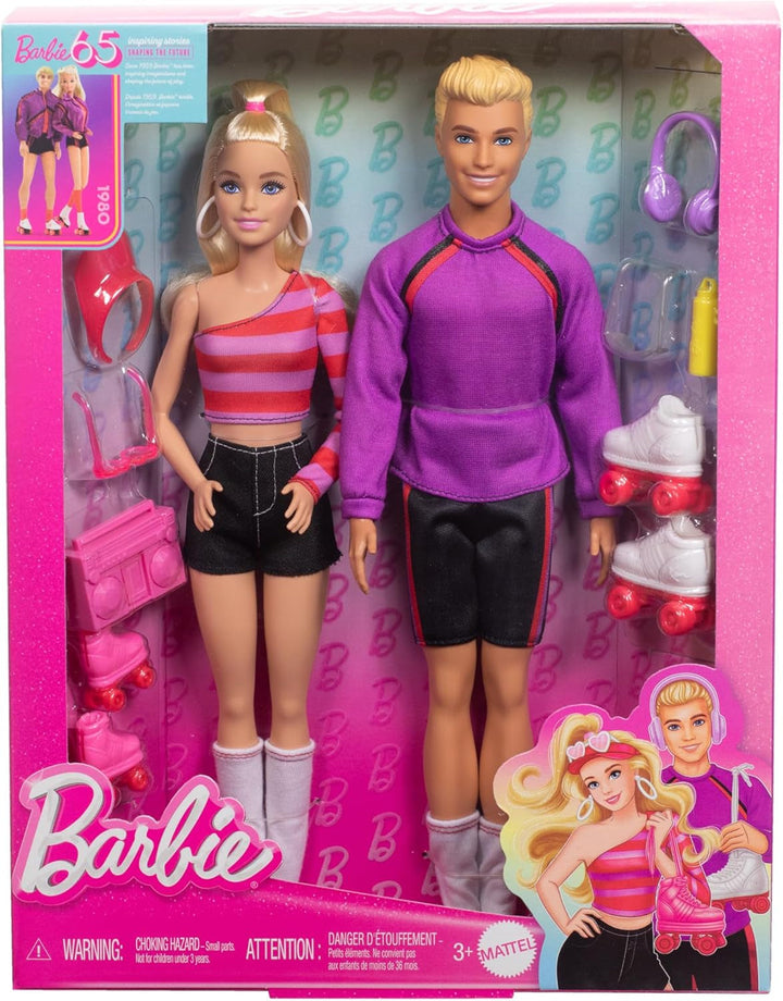Set Barbie Fashionistas cu 2 păpuși de modă și 6 accesorii, păpuși de modă Barbie și Ken pe role, 65th Anniversary Collectible Figures, HXK90