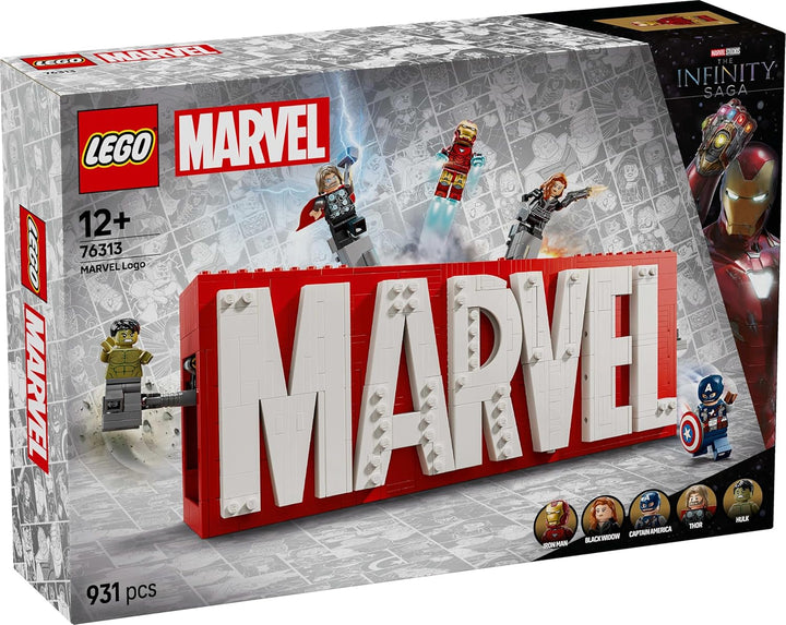 LEGO Marvel: Logo-ul și minifigurinele Marvel - Set de colecție cu Hulk, Thor, Iron Man, Black Widow și Captain America - Set de construcție cu figurine Avengers - Cadou pentru băieți și fete de la 12 ani 76313