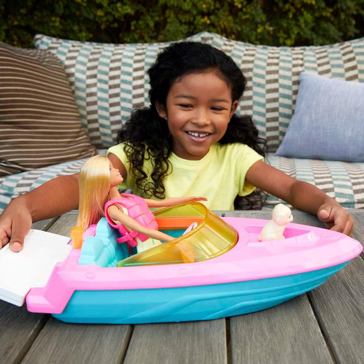 Barbie Speedboat Set, păpușă Barbie cu păr blond, vestă de salvare roz, barcă, cățel, accesorii, cadouri pentru copii cu vârsta peste 3 ani, Grg30