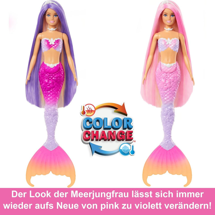 Păpușă sirenă BARBIE - inspirată din serialul TV "Barbie A Hidden Magic", cu efect de schimbare a culorilor și accesorii, păr roz lung de 19 cm pentru styling, pentru copii de la 3 ani, HRP97
