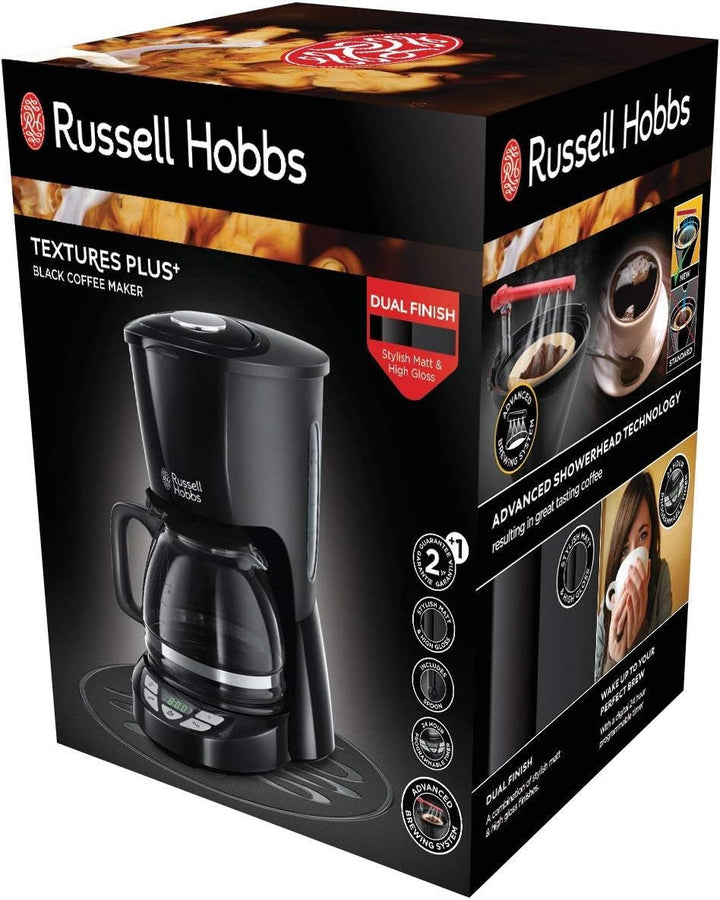 Cafetiera Russell Hobbs [cronometru digital, cap efervescent pentru extracție și aromă optime] Textures+ (Max 10 cești, ulcior din sticlă de 1,25 l, placă de încălzire, opritor de picurare) filtru de cafea 22620-56, negru