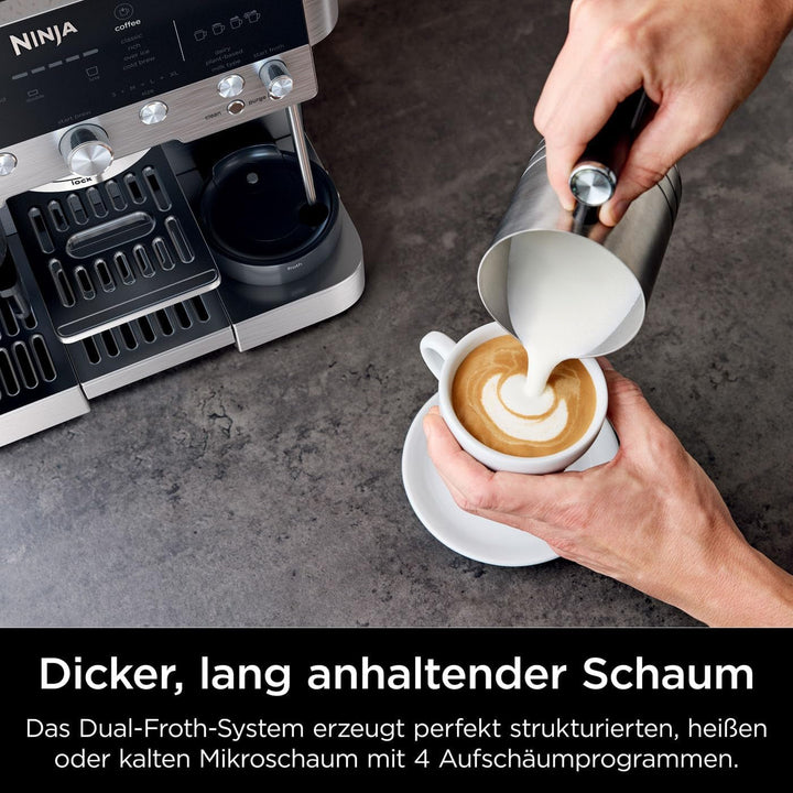 Cafetieră Ninja Luxe Premier 3 în 1 cu râșniță și spumator pentru latte, cappuccino, Cold Brew și espresso, ușor de utilizat, 4 presetări de spumare, argintiu, ES601EU