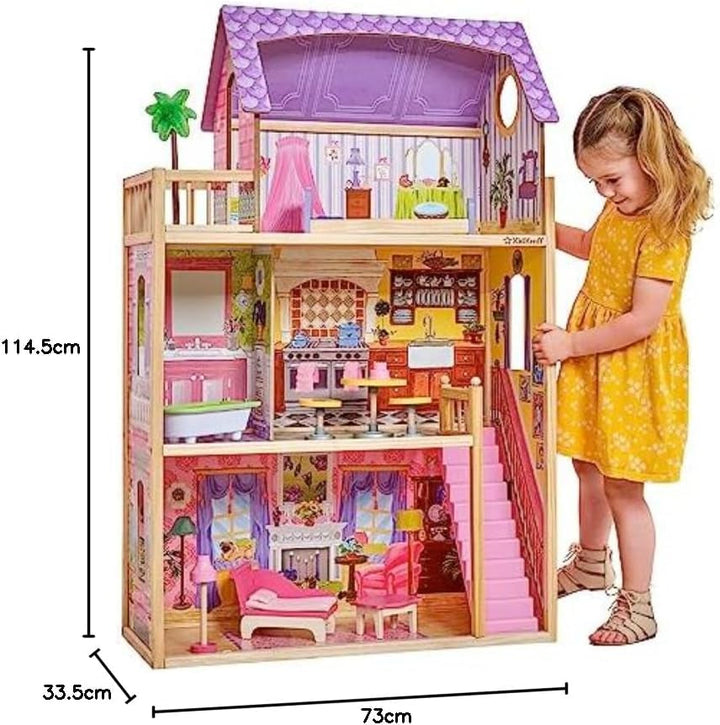 Casa de păpuși din lemn Kidkraft Kayla cu mobilier și accesorii, set de joacă cu 3 niveluri de joc pentru păpuși de 30 cm, jucărie pentru copii de la 3 ani, 65092 - Exclusiv pe Amazon