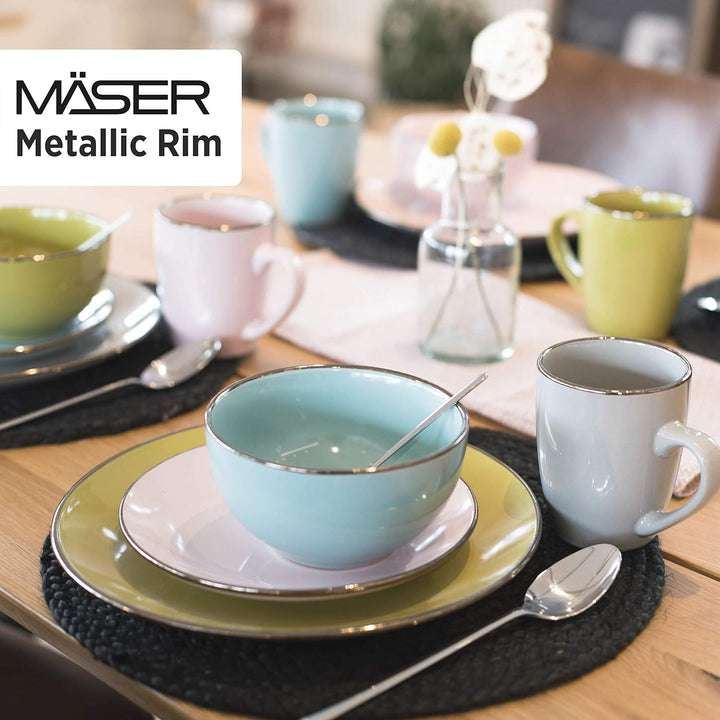 MÄSER Metallic Rim, Modernes Geschirr Set Für 4 Personen Mit Messingfarbenem Rand, 16-Teiliges Kombiservice Mit Randlosen Coupe-Formen, Steinzeug, Grau