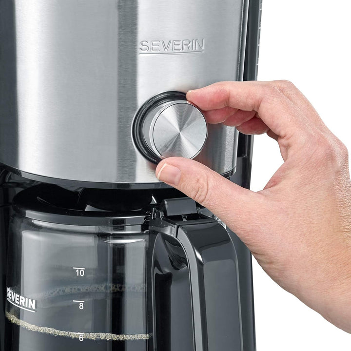 SEVERIN Cafetiera "Typeswitch" cu ulcior de sticlă și cronometru, comutator de aromă pentru alegerea a 2 opțiuni de preparare, ceas digital cu funcție de cronometru, pentru până la 10 cești, 1.000 W, oțel inoxidabil negru periat, KA 4826