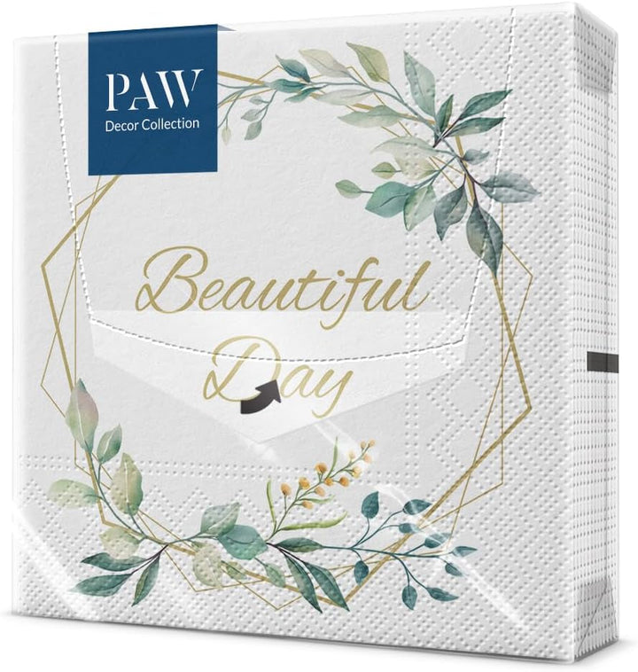 PAW - Șervețele 3 straturi (33 X 33 Cm) I 20 bucăți I Perfect pentru zile de naștere, petreceri, nunți, comuniuni și sărbători I Decor de masă Șervețele de hârtie elegante - Eucalipt auriu I Eucalipt auriu