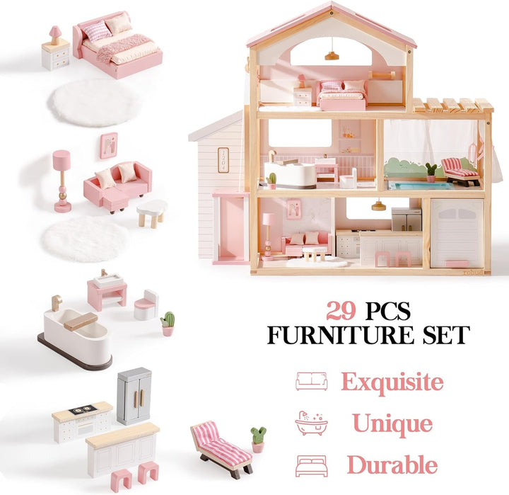 ROBUD Casă de păpuși din lemn, vilă de păpuși cu mobilier, cu lift, garaj, pavilion și piscină, cadou pentru copii de 3, 4, 5, 6 ani și mai mari, roz Casute de papusi Naty Shop