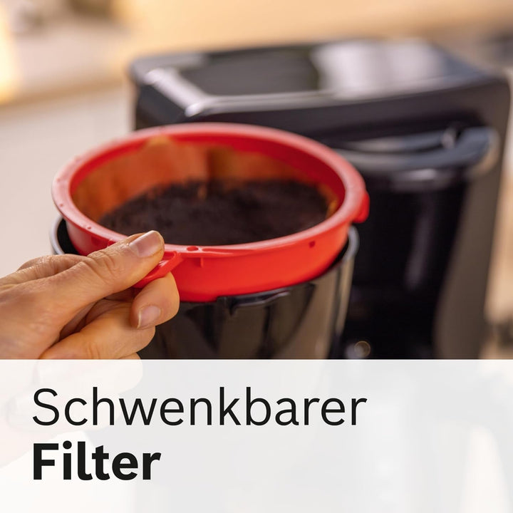Espressor cu filtru Bosch Mymoment TKA2M113, carafă din sticlă de 1,25 l, capacitate 10-15 cești, funcție de menținere la cald timp de 40 de minute, sistem anti-picurare, suport pentru filtru rotativ, rezervor de apă detașabil, 1200 wați, negru mat