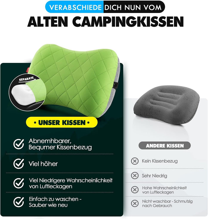 HIKENTURE Pernă gonflabilă de camping / călătorie cu față de pernă detașabilă, pernă ergonomică, pernă confortabilă pentru gât pentru călătorie / exterior, pernă gonflabilă de călătorie pentru gât (verde) ...