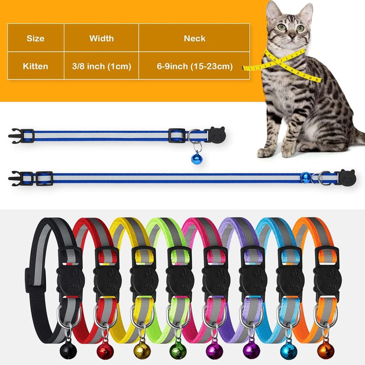 Zgardă reflectorizantă pentru pisici, 8 piese, cu etichete cu nume și adresă, zgardă pentru pisici cu încuietoare de siguranță, zgardă reglabilă pentru pisoi (6''-9''), accesorii personalizate pentru animale de companie