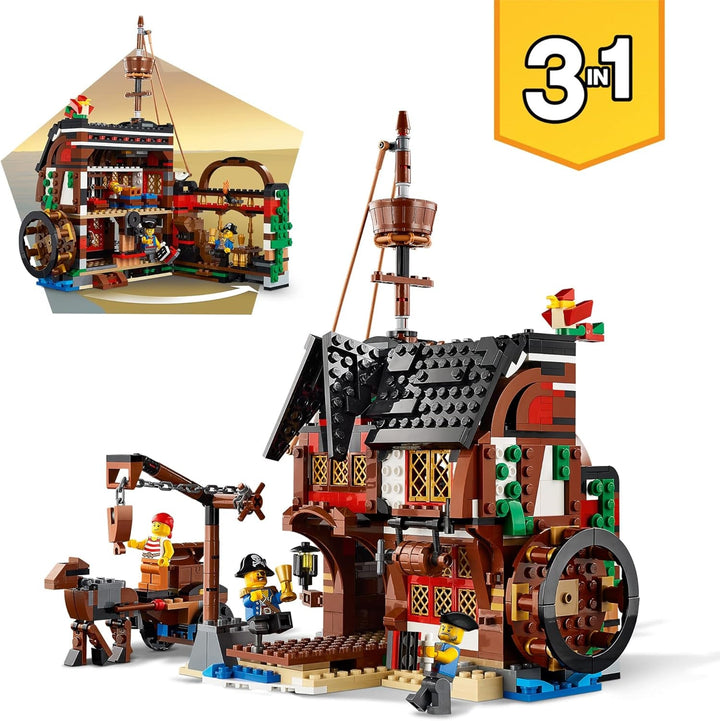 Set navă pirat LEGO Creator 3 în 1, jucărie cu 3 opțiuni de construcție, construiește o tavernă pirat sau o insulă pirat cu craniu, include 3 minifigurine pentru aventuri de rol 31109