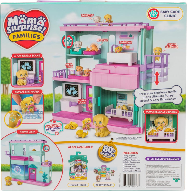 Little Live Pets Mama Surprise Families Baby Clinic Playset, 3 cățeluși Retriever incluși, Magic, Playset cu două fețe (27,8 cm lățime, 23,8 cm înălțime). Hrănire, îmbăiere și joacă, cadou pentru copii