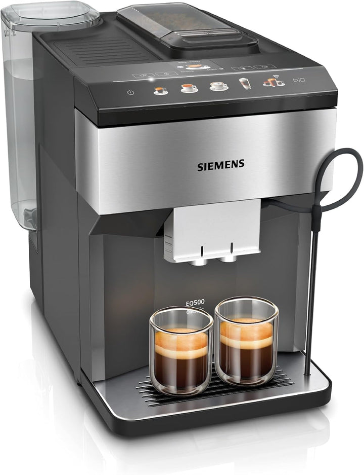 Aparat de cafea complet automat Siemens EQ500 Integral TQ513D01, Multe specialități de cafea, Spumă de lapte, Recipient de lapte integrat, Curățare automată cu abur, 1500 W, Argintiu / negru lăcuit pian
