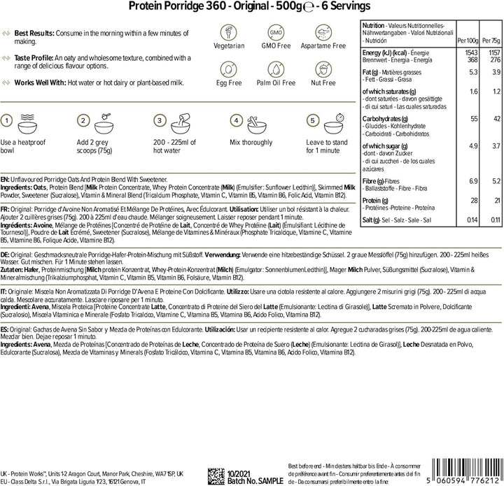 Protein Works - Protein Porridge 360 | Mit Zusätzlichen Vitaminen & Mineralien | Proteinreiches Frühstück | Kalorienarme Haferflocken | 6 Servings | Natürlich | 500G