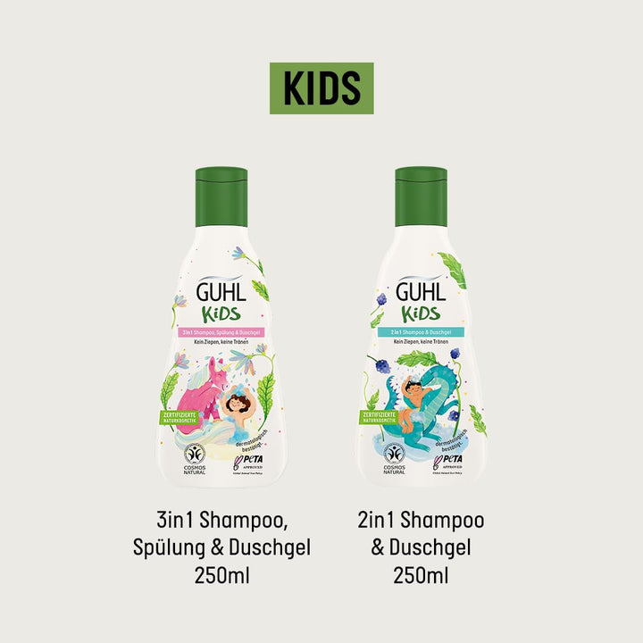 Guhl Kids Dino advantage set - 2x Guhl Kids 2 în 1 Șampon & Gel de duș, 250ml + 1x Pixi book - Special dezvoltat pentru copii - Nu se trage - Certificat Cosmos Natural