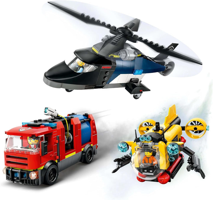 Set combinat LEGO City cu elicopter, mașina leului și submarin și 3 minifigurine - vehicule de jucărie construibile pentru băieți și fete de la 7 ani - cadou de ziua de naștere și de vacanță 60462